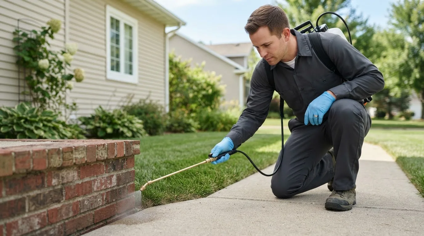 Pest control technician treating a home near Henderson, IA