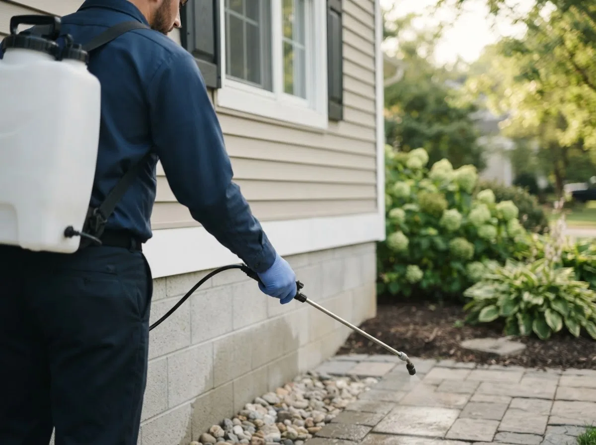 Pest control technician inspecting a home in Henderson, IA